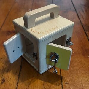 Lovevery Wooden Busy Box Toy - Cream and Yellow